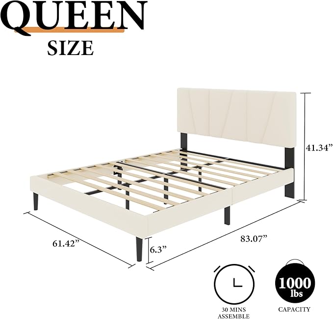 Queen Size Platform Bed Frame with Geometric Upholstered Headboard Noise Free Wooden Slats Support No Box Spring Needed Easy Assembly Beige Velvet