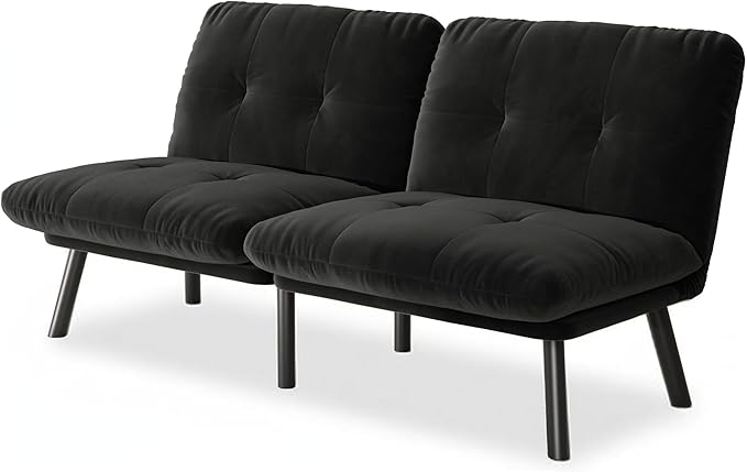 Futon Sofa Sleeper Couch Bed with Adjustable Backrest Thick Cushion Velvet Fabric for Department Living Room Lounge Sofa Loveseat (Black)