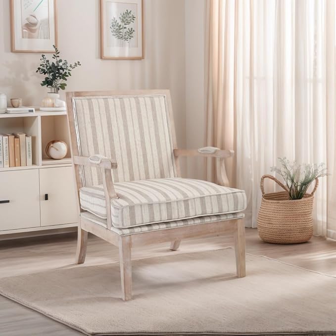 Modern Farmhouse Striped Accent Chair Wide Upholstered Living Room Chair with Armrest Pads Coastal French Country Wooden Armchair for Bedroom Guest Room Striped Linen Fabric