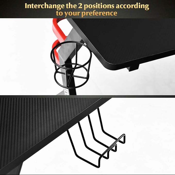 POWERSTONE Gaming Desk - Ergonomic Gaming Computer Desk with Gaming Handle Rack Cup &amp Speaker Holder Monitor Shelf Headphone Hook Curved Front Desktop Writing Workstation for Home Office 47.5”