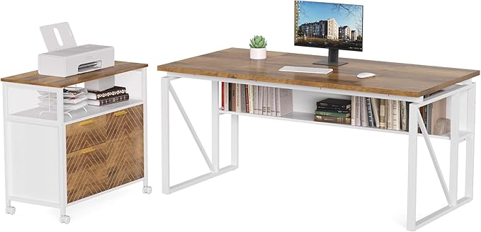 LITTLE TREE 63-Inch Office Desk with 31.5-Inch Lateral File Cabinet Study Writing Desk Computer Desk for Home Office