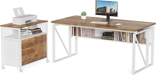 LITTLE TREE 63-Inch Office Desk with 31.5-Inch Lateral File Cabinet Study Writing Desk Computer Desk for Home Office