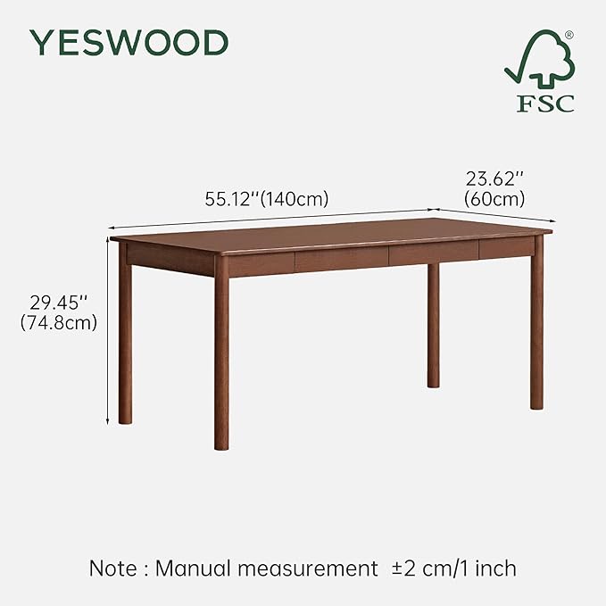 YESWOOD 100% Solid Wood Desk Mid Century Modern Computer Desk Home Office Writing Desk with Drawers for Study Living Room (55.11 W)