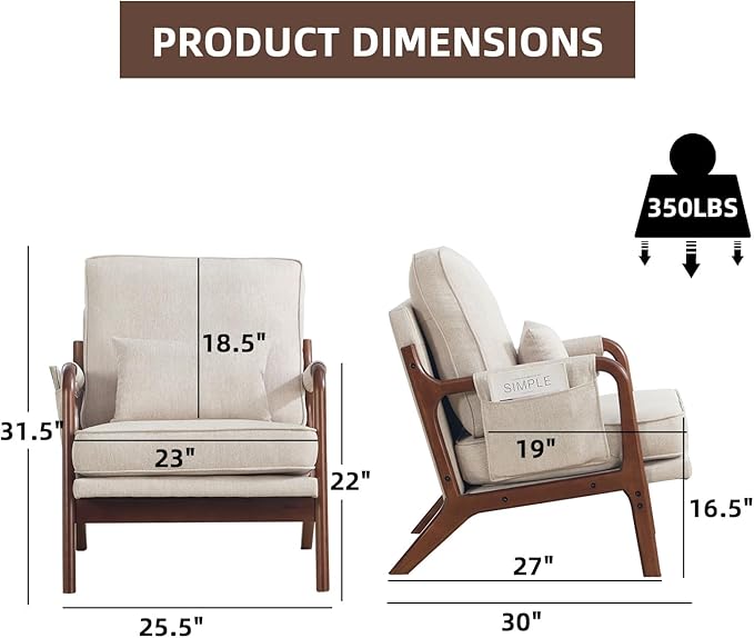 CANMOV Accent Chairs Set of 2 Mid Century Modern Chair with Extra Side Storage Pocket Upholstered Reading Armchair with Waist Cushion Accent Chair for Living Room Bedroom Easy Assembly Beige