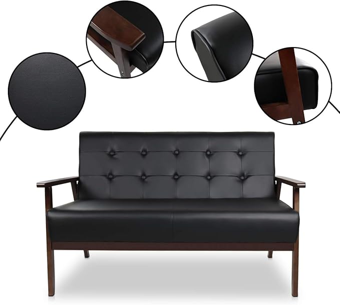 AODAILIHB Black Mid Century Modern Leather Loveseat Sofa Small Office Couch Love Seat with Wood Frame Booth Seating 2 Person Leather Love Seat Couch for Waiting Room
