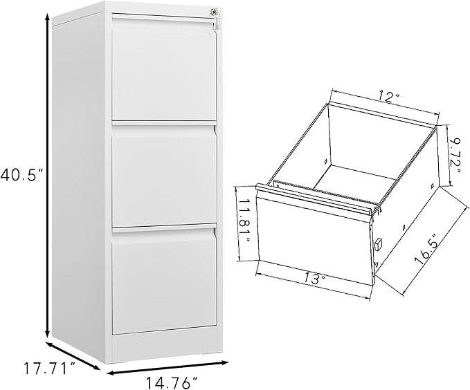 3 Drawer File Cabinet with Lock Metal Vertical Storage Cabinet for Home Office Narrow Steel File Organizer for Letter and Legal Size Documents (White)