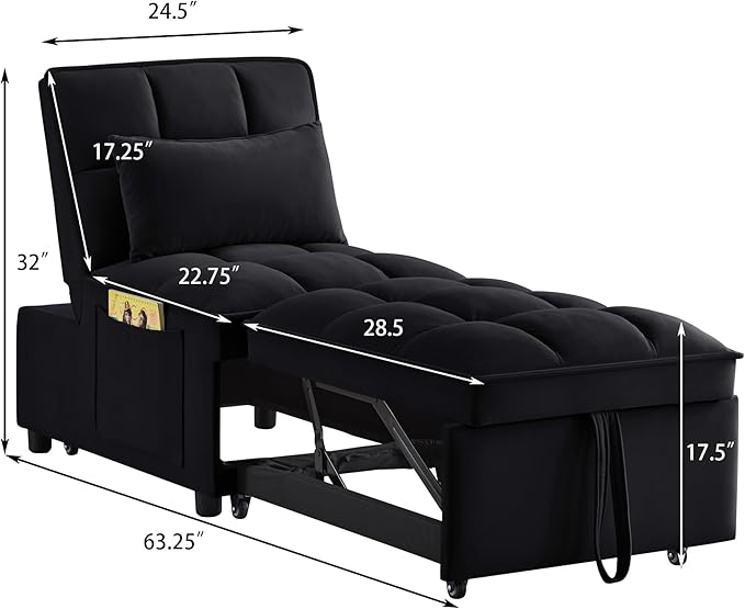 LUMISOL 4 in 1 Loveseat Sofa Bed with Armrests and Storage Pockets Multifunctional Tufted Pull-Out Sofa Bed with Adjustable Backrest and Pillows Convertible Loveseat Sofa Couch 1 Seat Black