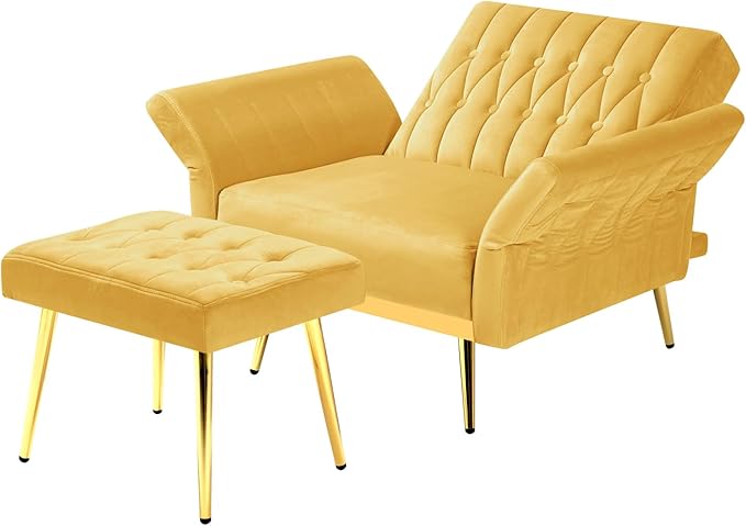 Velvet Accent Chair with Adjustable Backrest and Armrests Single Recliner Armchair with Ottoman and Golden Mental Legs for Living Room Bedroom and Waiting Room Yellow