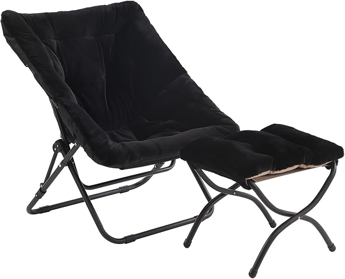 Tiita Folded Chair with Ottoman Soft Faux Fur Oversized Folding Accent ChairLazy Chair Metal Frame Moon Chair for Bedroom Living Room Dorm Rooms Garden and Courtyard