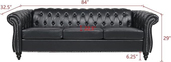 RARZOE Modern 3 Seater PU Chesterfield Sofa Upholstered Tufted Button Leather Chesterfield Couch Classic Faux Leather Settee with Nailhead Trim Scroll Arms for Living Room Bedroom(Black)