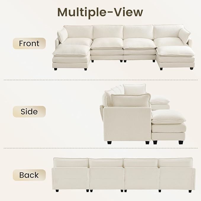 ROWHY Oversized Modular Sectional Couch with 2 Movable Ottoman 148 Modern Convertible U Shaped Sofa Set 4 Seat Comfy Cloud Couch with 2 Throw Pillows for Living Room and Office Chenille Beige