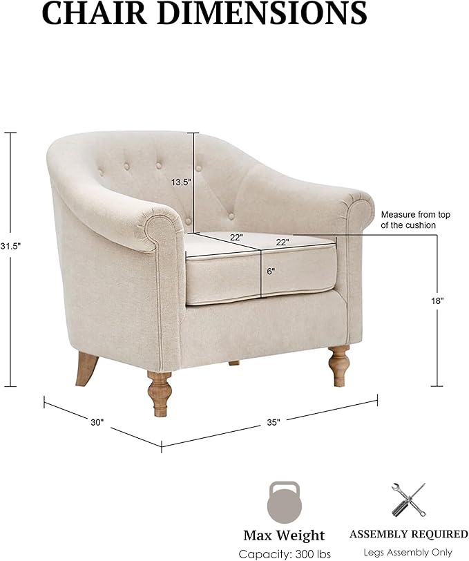 Martha Stewart Fayette Accent Chair for Living Room Bedford Collection Tufted Back Traditional Rolled Arms 6 Thick Removable Cushion Modern Farmhouse Furniture Bedroom Chair 35 Wide Cream