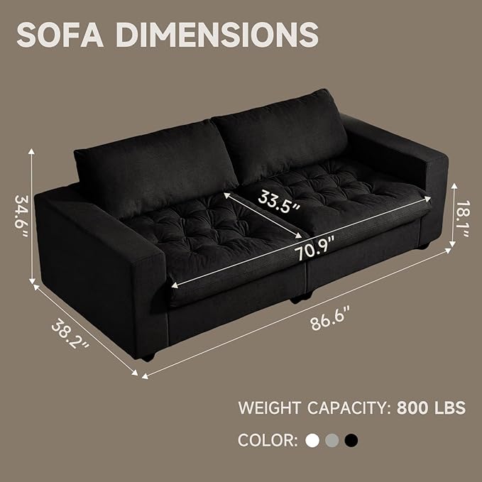 87'' Sofa Couch with Storage Deep Seat Couch for Living Room Comfy 2-Seater Moder Sofa Apartment Couches Black