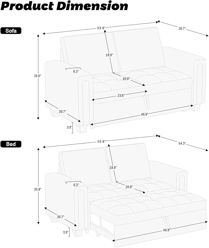 Belffin Modular Sectional Sleeper Sofa with Pull Out Couch Bed Modular Sleeper Loveseat Sectional Sofa Velvet Fabric for Living Room Apartment Black