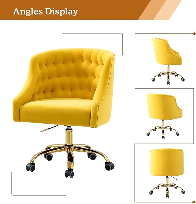 Velvet Home Office Chair with Gold Base Comfortable Modern Cute Desk Chair Adjustable Swivel Task Chair for Living Room Bedroom Vanity Study Yellow