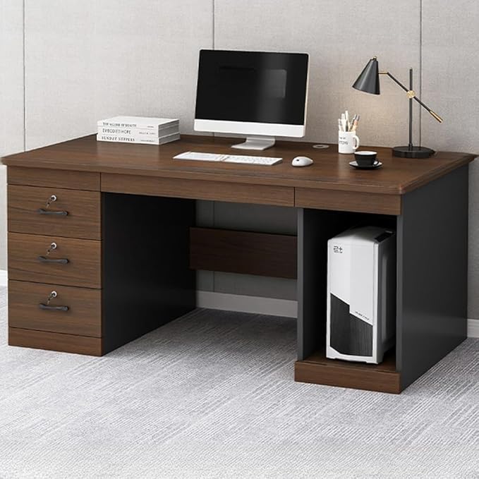 LITFAD Wood Finish Office Computer Desk with 3 Locking Drawer CPU Storage Modern Executive Desk Simple Writing Desk for Home Office Without Chairs 55 L x 23.5 W x 29 H Dark Walnut A