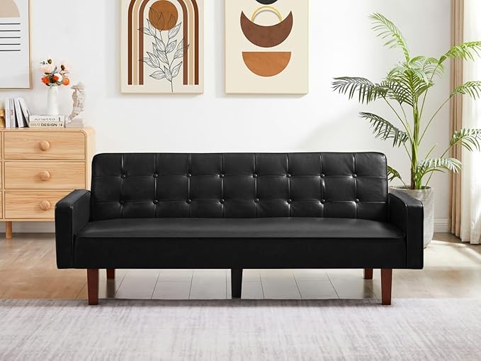 Futon Sofa Bed Convertible Sleeper Sofa Loveseat Couch PU Leather Sofabed with Wooden Legs for Small Spaces Room Home Office Hotel with Adjustable Backrest Reclining (Black)