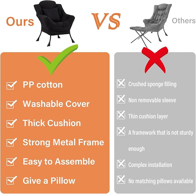 Lazy Chair for Living Room Large Black Accent Chair with a Throw Pillow Leisure Sofa Chair Set Comfy Reading Chair for Bedroom Dorm Room Office