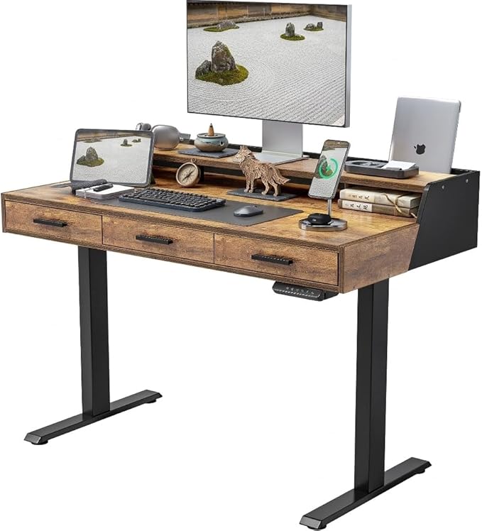 CubiCubi Standing Desk 48x26 Inches with 3 Wood Drawers and Monitor Shelf Ergonomic Rising Home Office Desks Height Adjustable Computer Desk Sit Stand Up Electric Workstation Table Brown