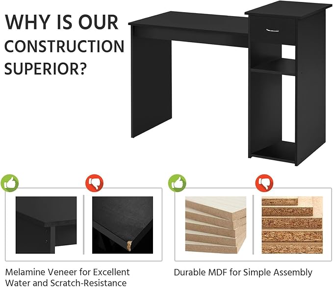 Yaheetech Home Office Computer Desk with Storage Drawer and Monitor Stand Wooden PC Laptop Table Modern Simple Style Computer Workstation for Study Writing Black