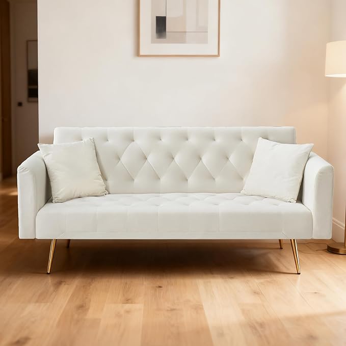 71 Velvet Futon Sofa Bed Convertible Sleeper Couch with 2 Pillows - Modern Loveseat Small Sofa 3-Angle Adjustable Backrest Golden Metal Legs for Living Room Bedroom Apartment Easy Assembly (Beige)