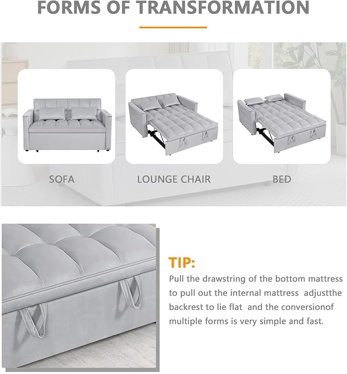 54 Convertible Sofa Bed Velvet Sleeper Sofa with Pull-Out Bed 3-in-1 Futon Couch with Reclining Backrest and Side Pocket Modern Loveseat for Living Room (Silver Grey)