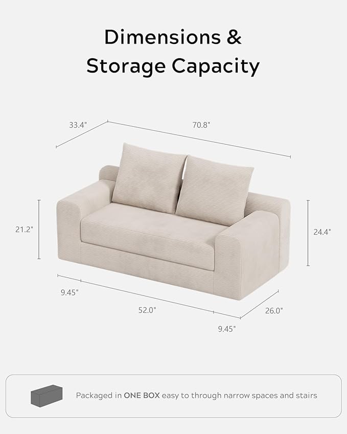Modern Loveseat Sofa for Living Room 71 Cofy 3-Seater Couch Pull Out Sofa Bed with 2 Pillows Corduroy Boneless Convertible Couch for Small Space Apartment Beige