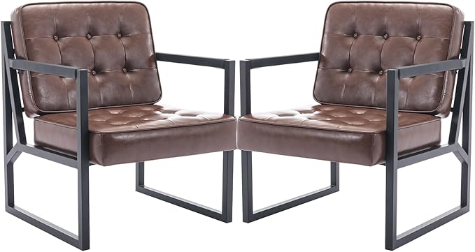 COLAMY Leather Accent Chairs Set of 2 Accent Arm Chairs for Living Room Comfy Leather Armchairs with Metal Legs for Bedroom Reception Room Brown