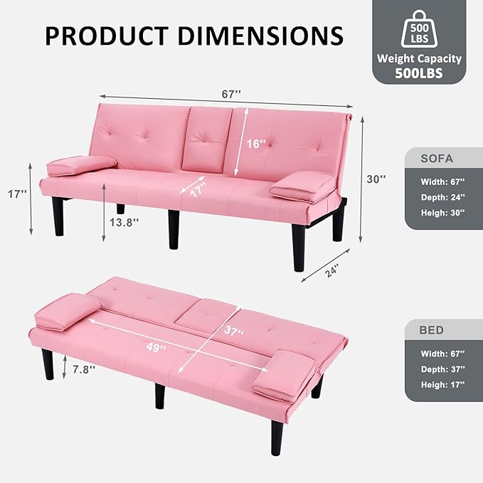 Futon Sofa Bed PU Leather Modern Convertible Futon Couch with Removable Armrests Cup Holders Loveseat Sleeper Sofa Bed for Living Room Apartment Small Spaces (Pink)
