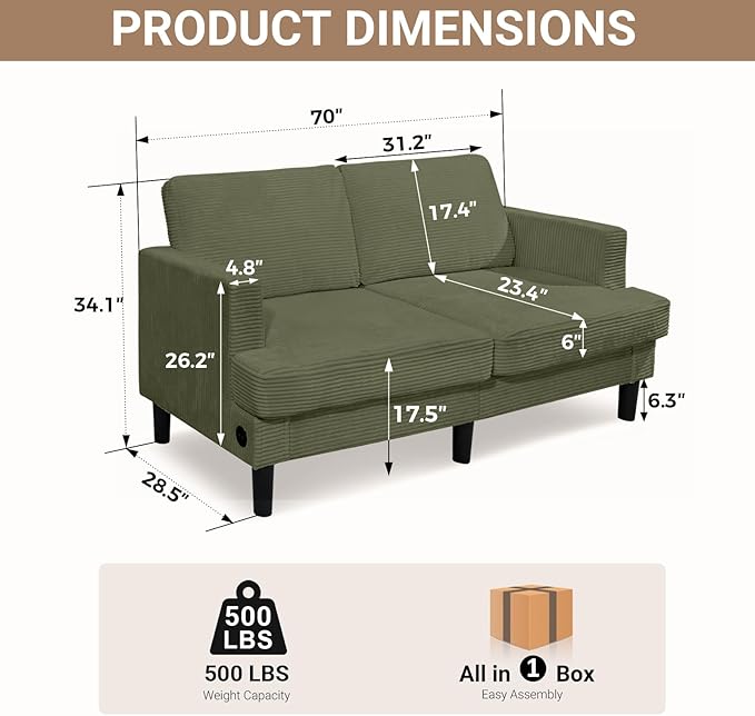 Loveseat Sofa Couches for Living Room 70 Love Seat Sleeper Sofa with USB Upgrade Upholstered 2-Seater Deep Seat Couch Corduroy Small Couch for Bedroom Apartment Office (Light Green)