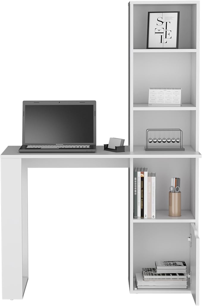 Home Office Desk Computer Desk with 1-Cabinet and 4-Tier BookcaseWhite