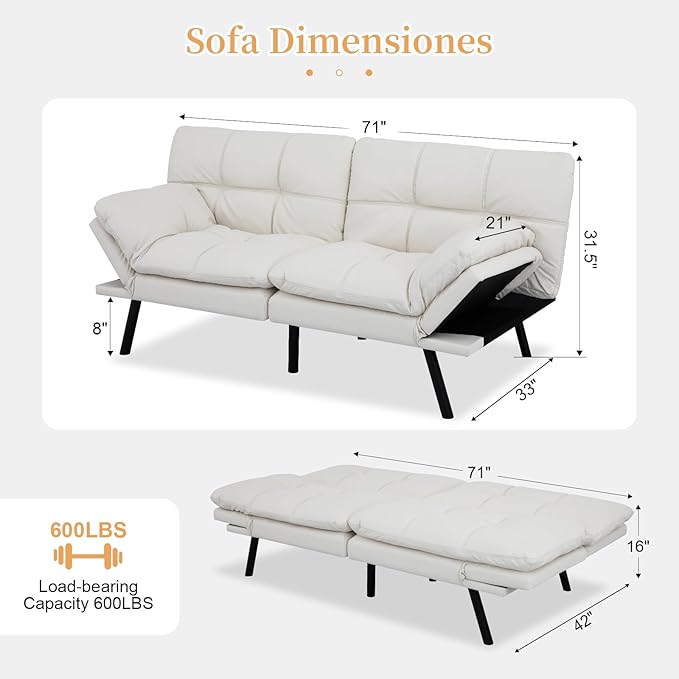 Opoiar Futon Sofa Bed Modern Memory Foam Sleeper Sofa Convertible Couch Adjustable Armrest&ampBackrest Black Leather Futon for Living SpaceApartmentOffice Sofabed