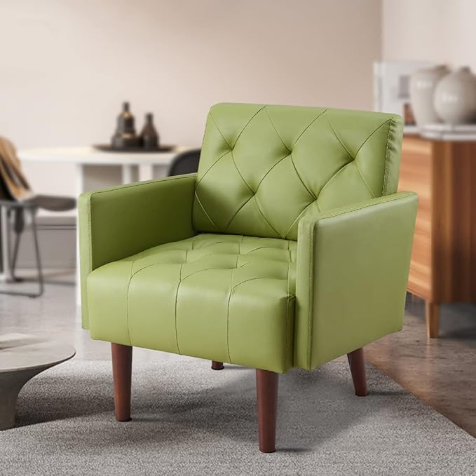Faux Leather Accent Chair Modern Retro Arm Chair for Living Room and Bedroom Tufted Upholstered Sofa Club Chair Comfy Armchair for Small Spaces Bedroom Office (Olive)