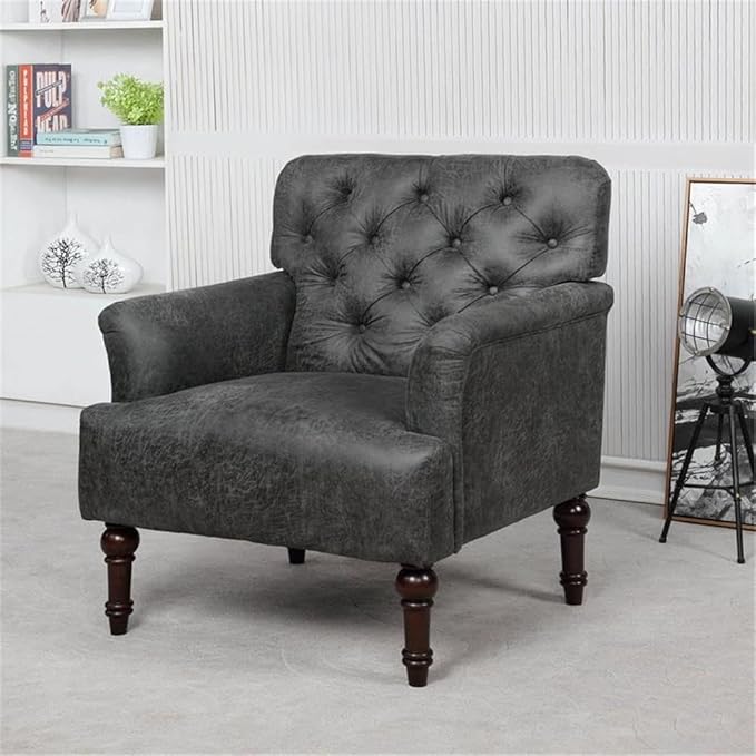 Bowery Hill Leith Faux Leather Tufted Accent Chair Gray Finish Wood Frame 32W x 30.5D x 35H Button Tufted Back Piping Line Details Transitional Style Chair for Living Room or Master Bedroom