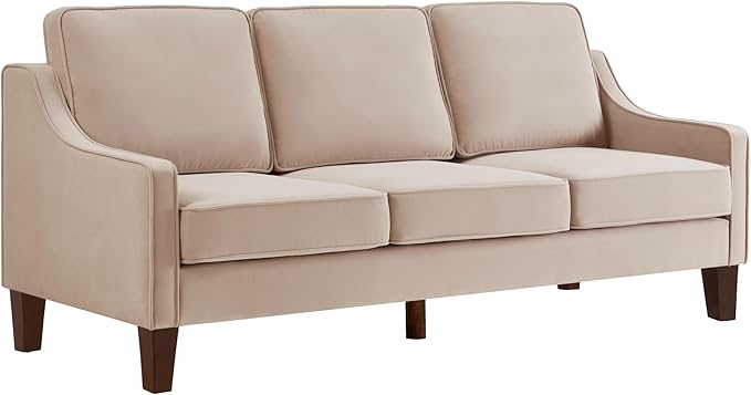 Modern 3 Seat Sofa Velvet Upholstered Cloud Couch with Extra Deep Seat Thick Removable Cushion &amp Wooden Legs Comfy Couches for Living Room Bedroom Small Space Taupe
