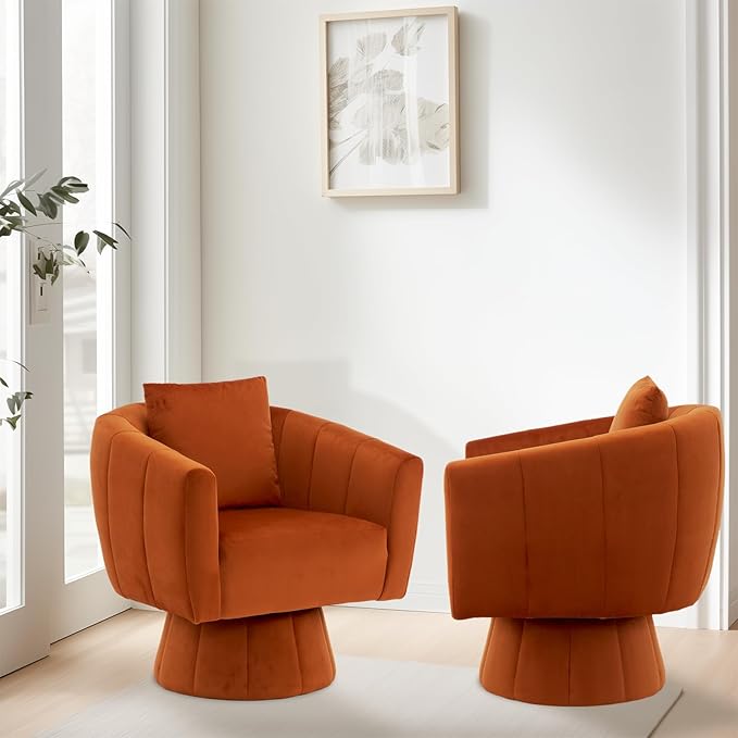 Swivel Accent Chair Set of 2 Modern 360°Swivel Barrel ChairComfy Velvet Fabric Living Room Chair with Fluffy CushionsUpholstered Armchair for Living RoomBedroomLounge (Orange)