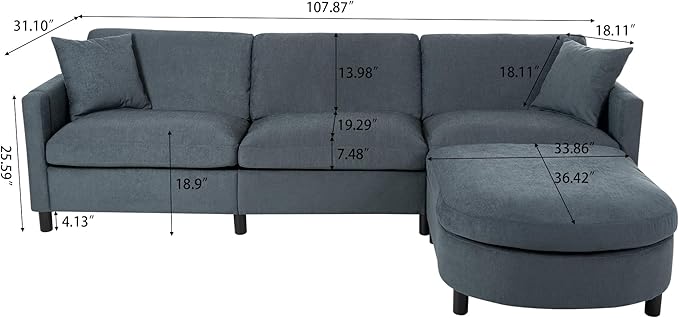 kevinplus 107.87'' Sectional Sofa Couch with Curved Convertible Ottoman for Living Room Modern 3-Seat L-Shaped Upholstered Sectional Couch Sofa for Apartment Polyester Fabric Gray
