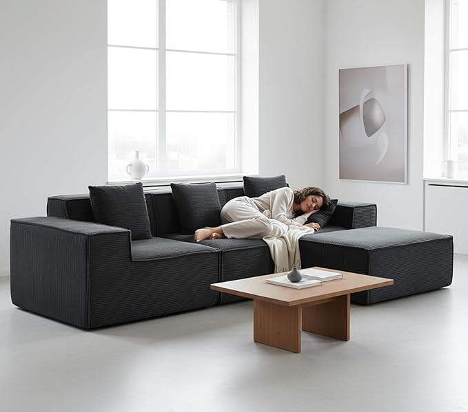 Harper Convertible Corduroy Sectional Couch with Ottoman &amp Pillows Modular L Shaped Sleeper Sofa Boneless Cloud Couch for Living Room Furniture Black