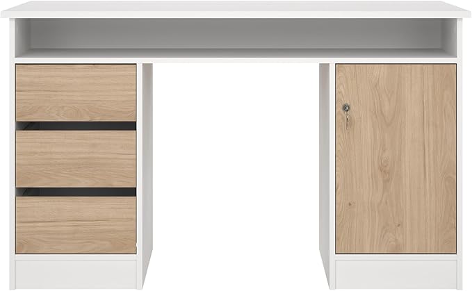 Tvilum Function Plus Computer Desk with Storage Cabinet 3 Handle-Free Drawers Two-Tone White and Oak Color Finish