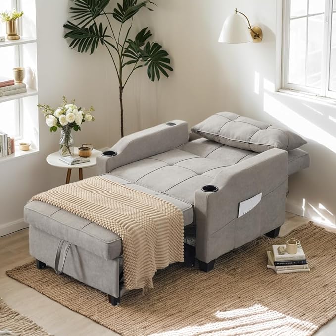Zimtown Sleeper Chair 3-in-1 Multi-Functional Pull-Out Sofa Bed Adjustable Back Futon Sofa with USB Side Pocket Cup Holder for Living Room/Apartment/Office/Small SpaceLight Gray