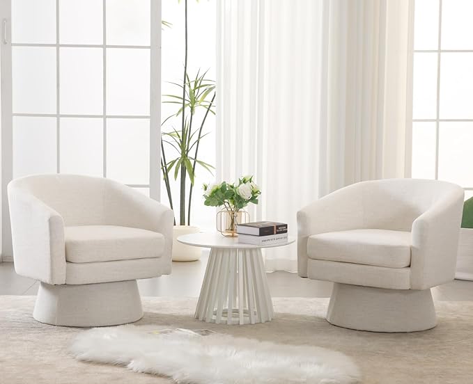 Linen Swivel Accent Chairs Set of 2 Beige Barrel Arm Chair Round Cozy Upholstered Reading Chair Modern Comfy Fabric Single Sofa Chair for Living Room/Bedroom