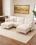 Karl home 99.6 Sectional Sofa U-Shaped Chenille Upholstered Couch with 2 Movable Ottomans 3-Seater Cloud Couches Comfy Deep Seat Sofa for Living Room Apartment Office Creamy