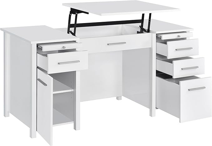 Coaster Home Furnishings - Dylan - Engineered Wood - 60-Inch Lift-Top Office Desk Includes 4 Drawers with Full-Extension Glide and 2 Pull-Out Trays - Home Office - White High Gloss - 801573