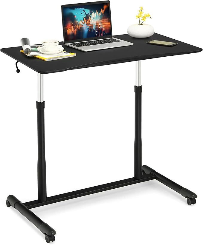 DORTALA Ergonomic Sit Stand Desk Pneumatic Height Adjustable Desk on Wheels Mobile Bedside Computer Desk w/Lockable Casters Sturdy Steel Frame for Living Room Bedroom Office Black