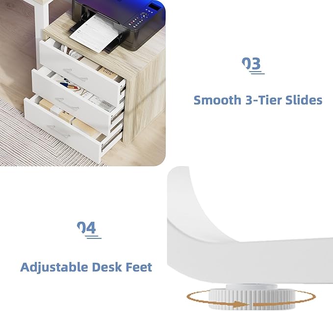 67'' Home Office Desk with Drawers Computer Desk with Drawers and LED Lights Long Desk with Moniter Stand White and Walnut