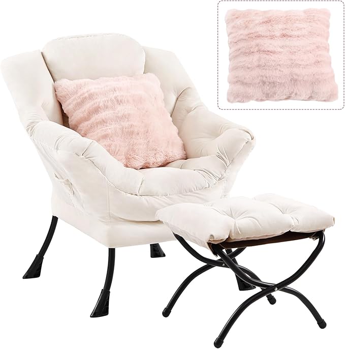 Lazy Chair with Ottoman Large Accent Chair with Ottoman and a Throw Pillow Beige Reading Chair for Living Room Bedroom Dorm Room Office Apartment Relaxing Use