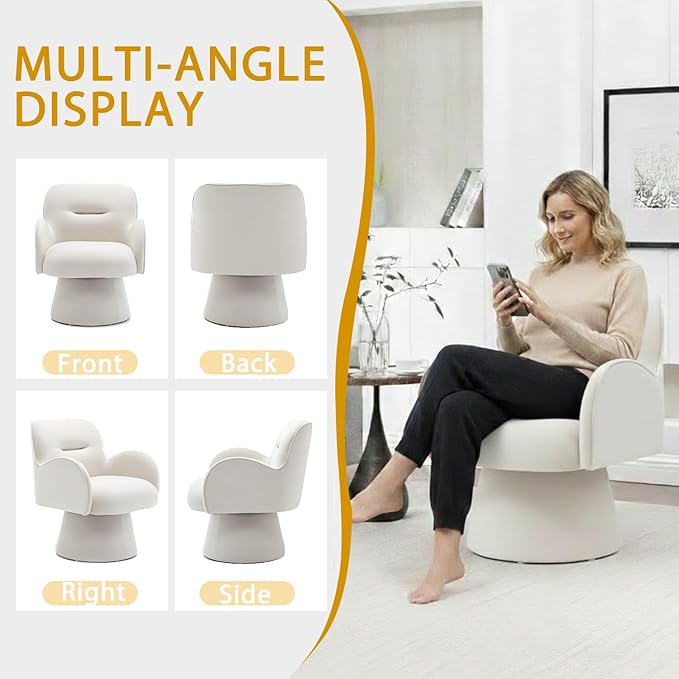 Swivel Chair with Armrest Modern Velvet Barrel Chairs with Curve Back Soft Cushion Comfy Accent Round Armchair Single Sofa for Living Room Bedroom White