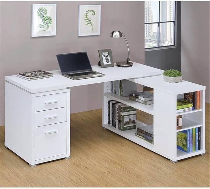 UrbanPro L-Shaped Wood Writing Desk 60 W x 47.25 D x 29.5 H White/Silver Finish MDF and Laminate Construction 3 Drawers with File Cabinet Open Shelves Reversible Home Office Desk