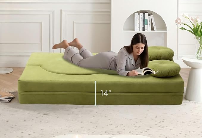 76 Convertible Folding Futon Sofa Bed Queen Sleeper Sofa with Pillow Teddy Fabric Floor &amp Futon Loveseat Couch Foam Folding Mattress Sleeper for Living Room Guest Use Office Apartment(Green