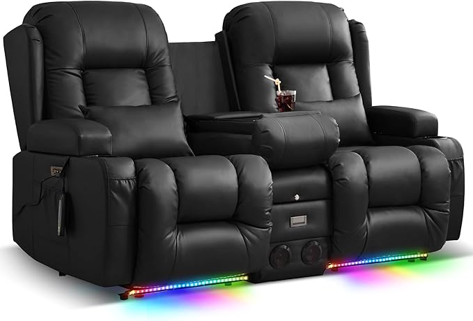 TUNYI Power Loveseat Recliner Sofa Faux Leather Reclining Sofa with Console RV Reclining Loveseat Couch with USB/Outlet/Storage/Side Pocket/LED Light/Speaker (Black Loveseat)